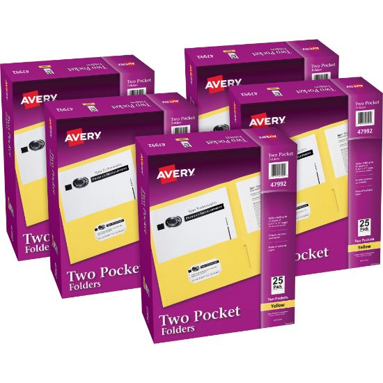 Picture of Avery Letter Pocket Folder - 8 1/2in x 11in - 40 Sheet Capacity - 2 Internal Pocket(s) - Embossed Paper - Yellow - 125 / Carton