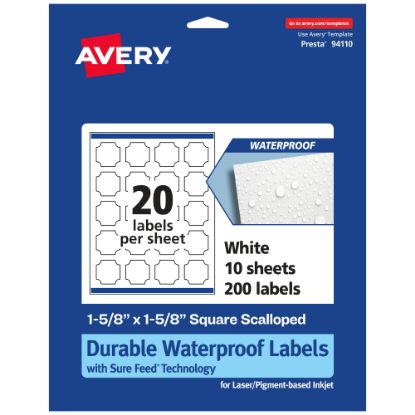 Picture of Avery Waterproof Permanent Labels With Sure Feed, 94110-WMF10, Square Scalloped, 1-5/8in x 1-5/8in, White, Pack Of 200