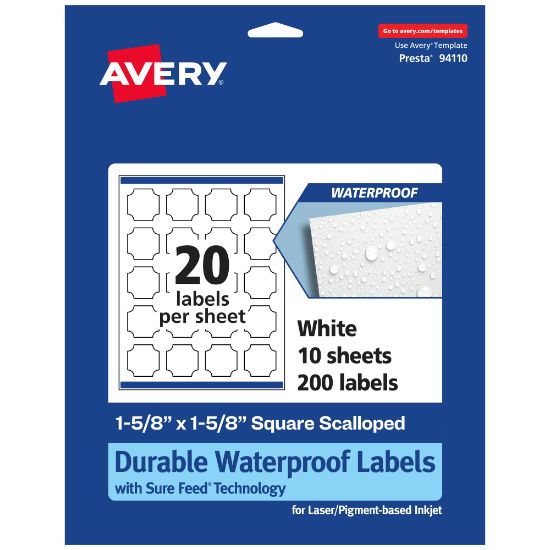 Picture of Avery Waterproof Permanent Labels With Sure Feed, 94110-WMF10, Square Scalloped, 1-5/8in x 1-5/8in, White, Pack Of 200