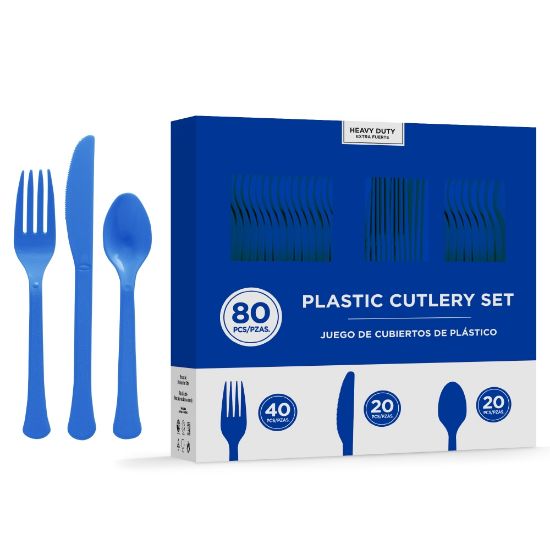 Picture of Amscan 8016 Solid Heavyweight Plastic Cutlery Assortments, Bright Royal Blue, 80 Pieces Per Pack, Set Of 2 Packs