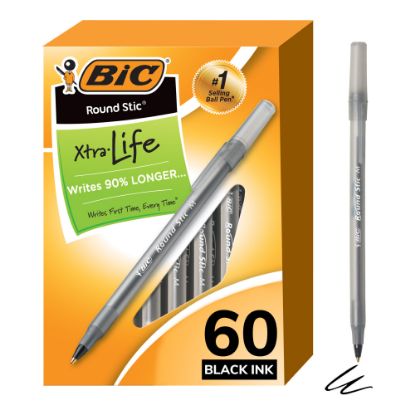 Picture of BIC Round Stic Ballpoint Pens, Medium Point, 1.0 mm, Translucent Barrel, Black Ink, Pack Of 60 Pens