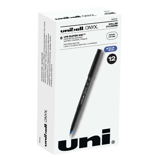 Picture of uni-ball Onyx Rollerball Pens, Micro Point, 0.5 mm, Black Barrel, Blue Ink, Pack Of 12