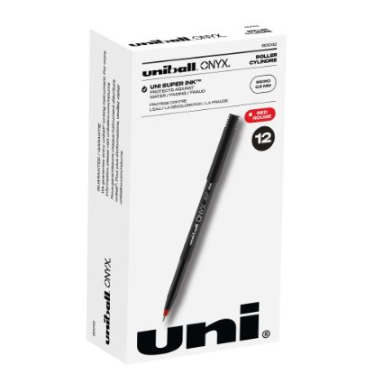 Picture of uni-ball Onyx Rollerball Pens, Micro Point, 0.5 mm, Black Barrel, Red Ink, Pack Of 12