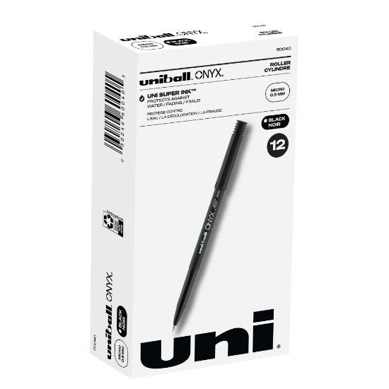 Picture of uni-ball Onyx Rollerball Pens, Micro Point, 0.5 mm, Black Barrel, Black Ink, Pack Of 12