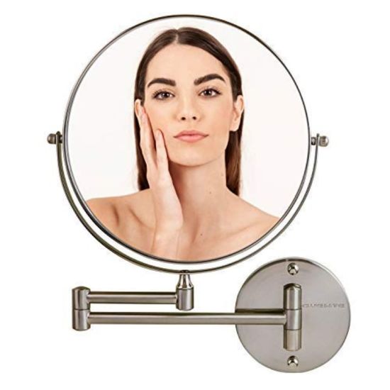 Picture of Ovente MNLFW90BR1X10X Wall-Mounted Double-Sided Vanity Makeup Mirror, 10X Magnification, Nickel