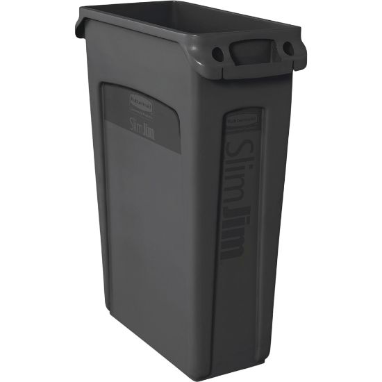 Picture of Rubbermaid Commercial Slim Jim 23-Gallon Vented Waste Containers - 23 gal Capacity - Rectangular - Durable, Handle - 30in Height x 11in Width x 22in Depth - Black - 4 / Carton