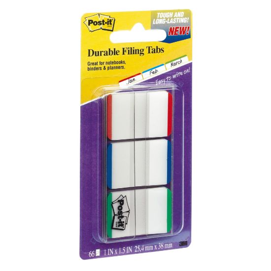 Picture of Post-it Durable Tabs, 1in x 1 1/2in, Blue/Green/Red Color Bars, 22 Flags Per Pad, Pack Of 3 Pads