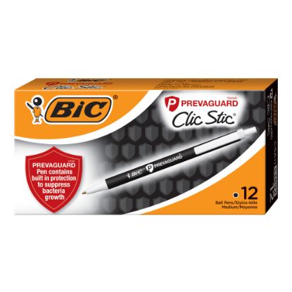 Picture of BIC PrevaGuard Clic Stic Ballpoint Pens With Antimicrobial Additive, Medium Point, 1.0 mm, Black Barrel, Black Ink, Pack Of 12 Pens