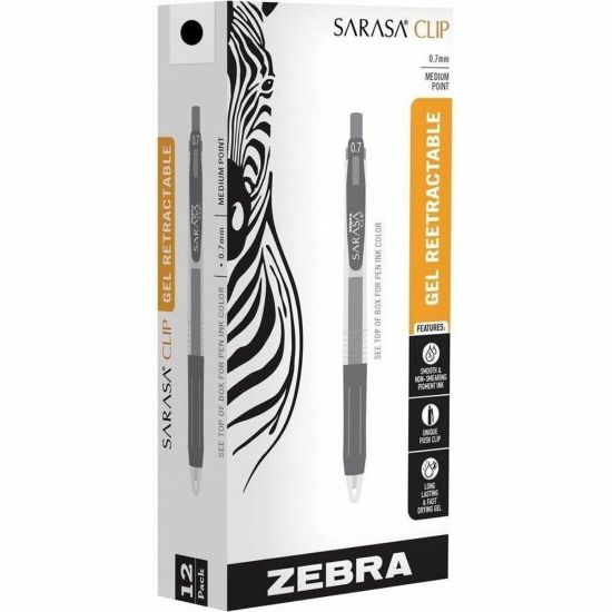 Picture of Zebra Pen SARASA Retractable Gel Pens, Pack Of 12, Medium Point, 0.7 mm, Silver Barrel, Black Ink