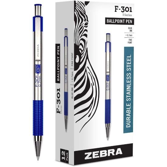 Picture of Zebra Pen F-301 Stainless Steel Ballpoint Pens - Fine Pen Point - 0.7 mm Pen Point Size - Refillable - Retractable - Blue - Stainless Steel Stainless Steel Barrel - 1 Dozen