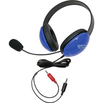 Picture of Califone Blue Stereo Headphone w/ Mic Dual 3.5mm Plug Via Ergoguys - Stereo - Mini-phone (3.5mm) - Wired - 32 Ohm - 20 Hz - 20 kHz - Over-the-head - Binaural - Supra-aural - 5.50 ft Cable - Electret Microphone - Blue