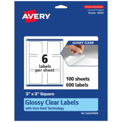 Picture of Avery Glossy Permanent Labels With Sure Feed, 94101-CGF100, Square, 3in x 3in, Clear, Pack Of 600