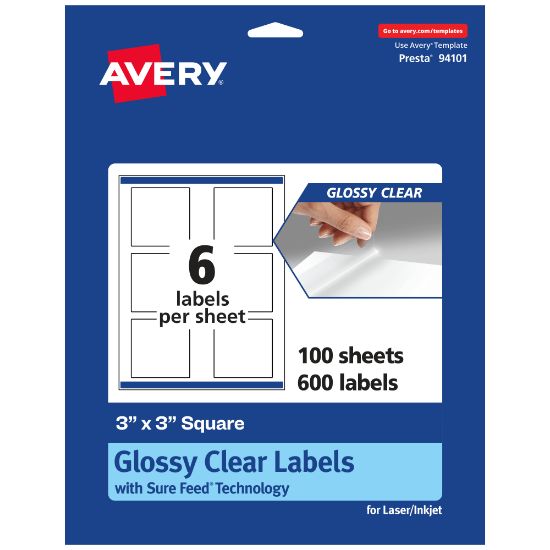 Picture of Avery Glossy Permanent Labels With Sure Feed, 94101-CGF100, Square, 3in x 3in, Clear, Pack Of 600