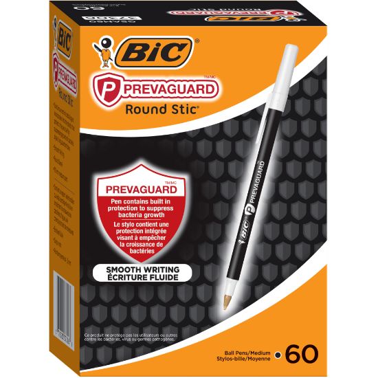 Picture of BIC Prevaguard Round Stic Pens With Antimicrobial Additive, Medium Point, 1.0 mm, Black Barrel, Black Ink, Pack Of 60 Pens