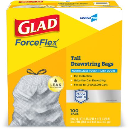 Picture of Glad ForceFlex Tall Kitchen Drawstring Trash Bags, 13 Gallon, Grey, Box Of 100