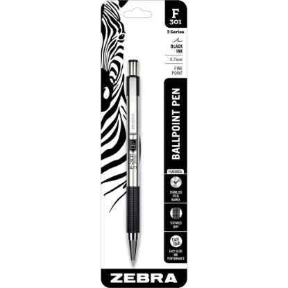 Picture of Zebra Pen F-301 Stainless Steel Retractable Ballpoint Pen, Fine Point, 0.7 mm, Black Ink