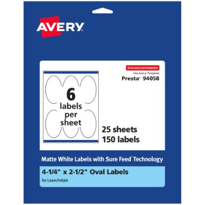 Picture of Avery Permanent Labels With Sure Feed, 94058-WMP25, Oval, 4-1/4in x 2-1/2in, White, Pack Of 150