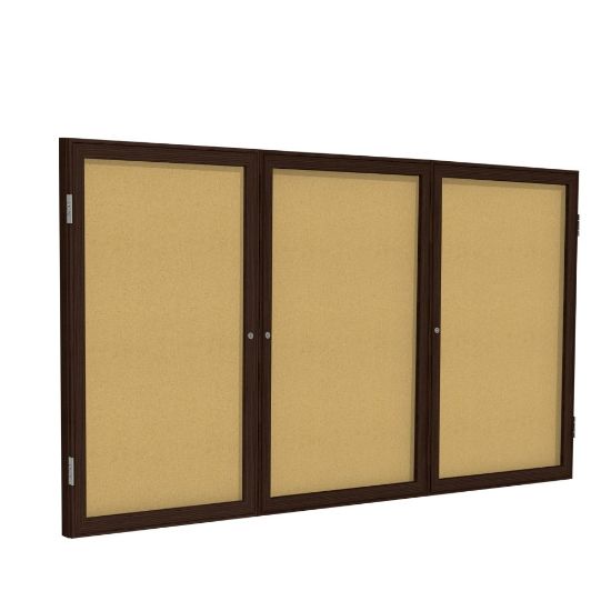 Picture of Ghent 3 Door Enclosed Natural Cork Bulletin Board, Walnut Wood Frame, 48inH x 72inW