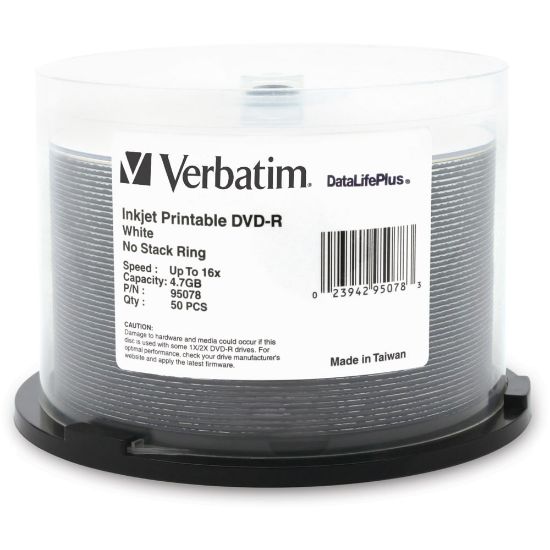 Picture of Verbatim DVD-R 4.7GB 16X DataLifePlus White Inkjet Printable - 50pk Spindle - 4.7GB - 50pk Spindle