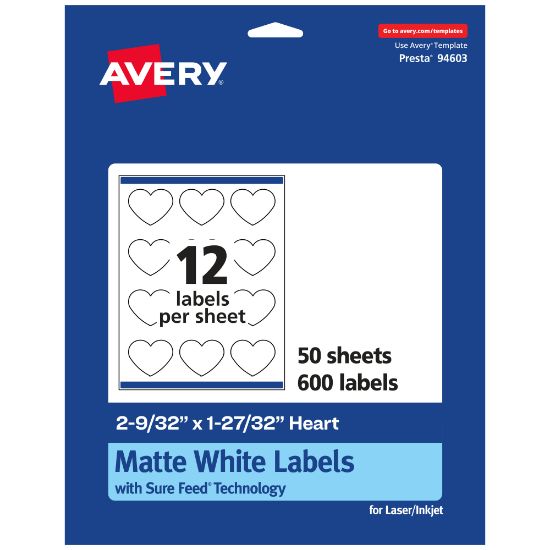 Picture of Avery Permanent Labels With Sure Feed, 94603-WMP50, Heart, 2-9/32in x 1-27/32in, White, Pack Of 600