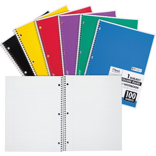 Picture of Mead 3-Hole Spiral Notebook, Letter-Size, 1 Subject, College Rule, Assorted