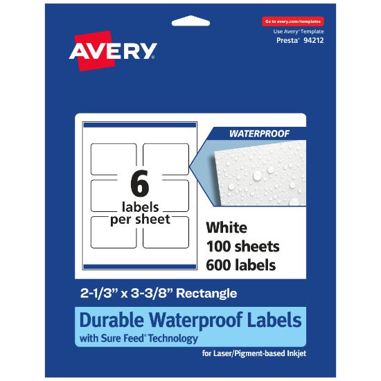 Picture of Avery Waterproof Permanent Labels With Sure Feed, 94212-WMF100, Rectangle, 2-1/3in x 3-3/8in, White, Pack Of 600