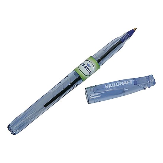 Picture of SKILCRAFT Ballpoint Stick Pens, Pack Of 12, Fine, Medium Point, Transparent Blue Barrel, Blue Ink