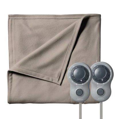 Picture of Sunbeam Queen-Size Electric Fleece Heated Blanket With Dual Zone, 90in x 84in, Mushroom