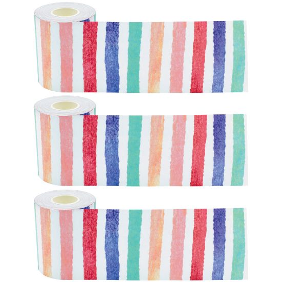 Picture of Teacher Created Resources Straight Rolled Border Trim, Watercolor Stripes, 50' Per Roll, Pack Of 3 Rolls