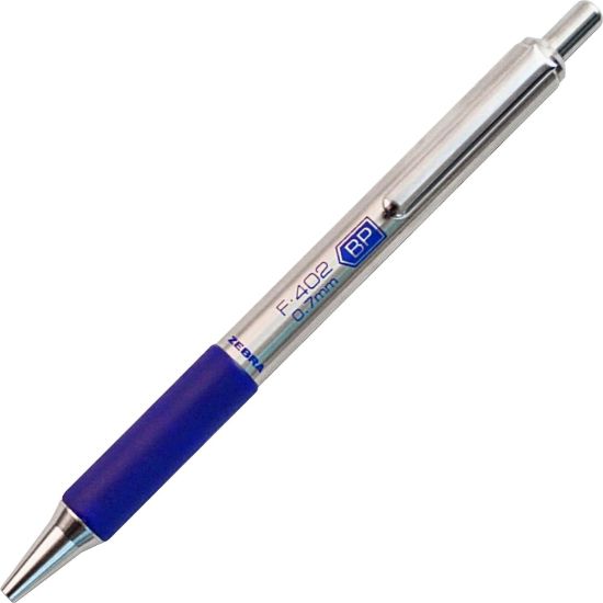 Picture of Zebra Pen F-402 Retractable Ballpoint Pen, Fine Point, 0.7 mm, Silver Barrel, Blue Ink