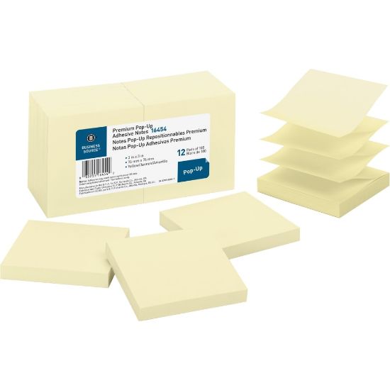 Picture of Business Source Reposition Pop-up Adhesive Notes - 3in x 3in - Square - Yellow - Removable, Repositionable, Solvent-free Adhesive - 12 / Pack