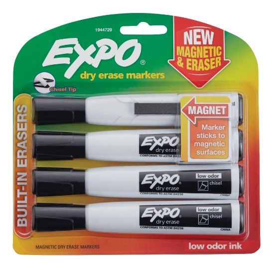 Picture of EXPO Magnetic Dry Erase Markers With Eraser, Chisel Tip, Black Ink, Pack Of 4