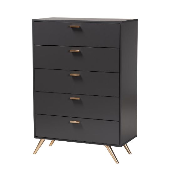 Picture of Baxton Studio Kelson 5-Drawer Chest, 46-1/8inH x 32-1/2inW x 15-3/4inD, Dark Gray/Gold