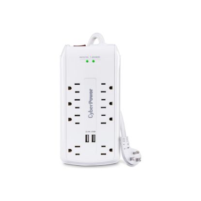 Picture of CyberPower CSP806U Professional 8 - Outlet Surge with 3000 J - Clamping Voltage 600V, 6 ft, NEMA 5-15P, 15 Amp, 2 - 2.4 Amps (Shared) USB, EMI/RFI Filtration, White, RG6 Coaxial Protection, Lifetime Warranty