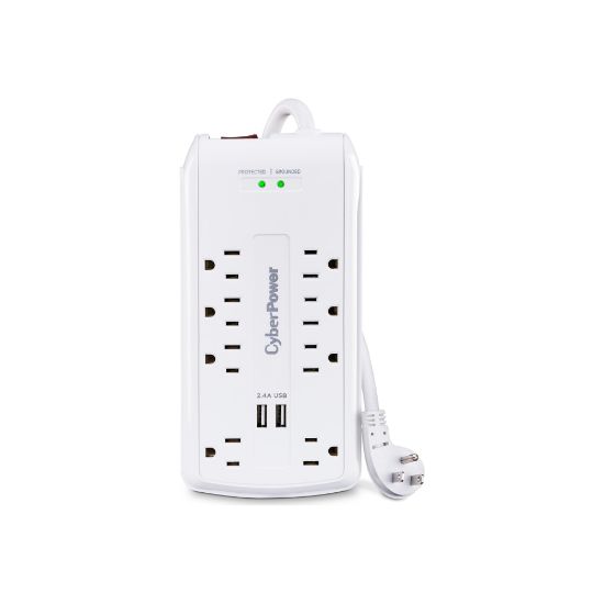 Picture of CyberPower CSP806U Professional 8 - Outlet Surge with 3000 J - Clamping Voltage 600V, 6 ft, NEMA 5-15P, 15 Amp, 2 - 2.4 Amps (Shared) USB, EMI/RFI Filtration, White, RG6 Coaxial Protection, Lifetime Warranty