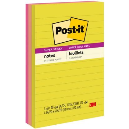 Picture of Post-it Super Sticky Notes, 4 in x 6 in, 3 Pads, 90 Sheets/Pad, 2x the Sticking Power, Summer Joy Collection, Lined