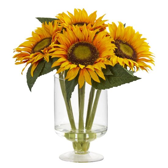 Picture of Nearly Natural Sunflower 12inH Artificial Floral Arrangement With Glass Vase, 12inH x 11inW x 11inD, Yellow