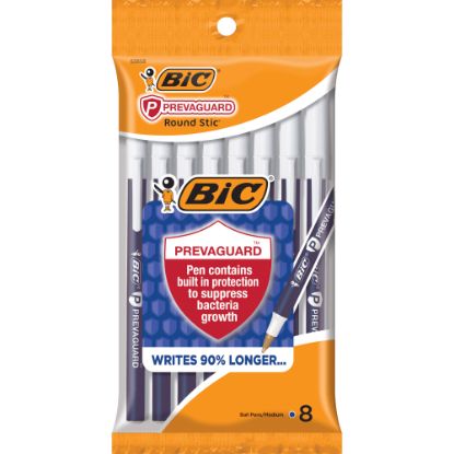 Picture of BIC Prevaguard Round Stic Pens With Antimicrobial Additive, Medium Point, 1.0 mm, Blue Barrel, Blue Ink, Pack Of 8 Pens