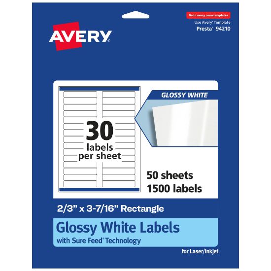 Picture of Avery Glossy Permanent Labels With Sure Feed, 94210-WGP50, Rectangle, 2/3in x 3-7/16in, White, Pack Of 1,500