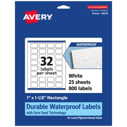 Picture of Avery Waterproof Permanent Labels With Sure Feed, 94219-WMF25, Rectangle, 1in x 1-1/2in, White, Pack Of 800