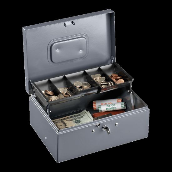 Picture of Sparco Key Lock Controller Cash Box With Tray, 5 Compartments, 3 7/16in x 11 7/16in x 7 1/2in, Gray