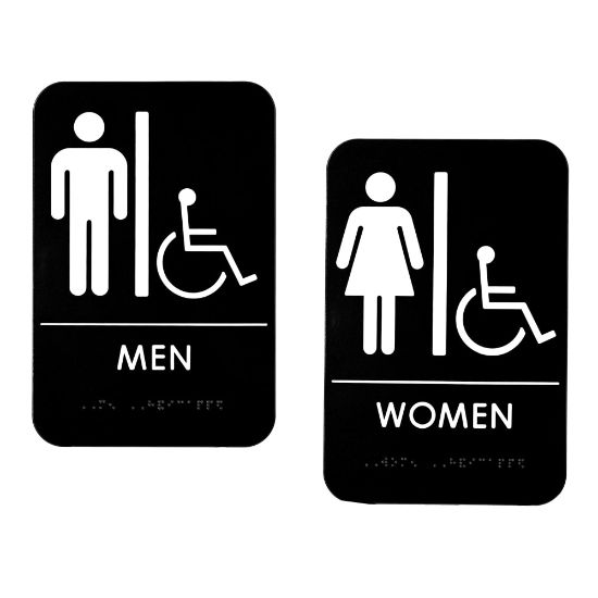 Picture of Alpine Men And Women Handicapped Restroom Signs, 9in x 6in, Black/White, Pack Of 14 Signs