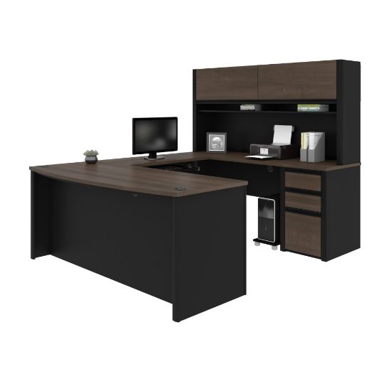 Picture of Bestar Connexion 72inW U-Shaped Executive Computer Desk With Pedestal And Hutch, Antigua/Black