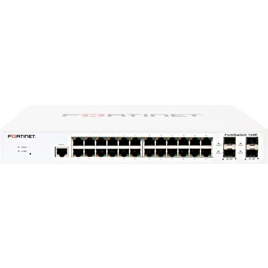 Picture of Fortinet FortiSwitch FS-124E Ethernet Switch - 24 Ports - Manageable - Gigabit Ethernet - 1000Base-X, 10/100/1000Base-T - 2 Layer Supported - Modular - 4 SFP Slots - Power Supply - 17.79 W Power Consumption - Optical Fiber, Twisted Pair - 1U High