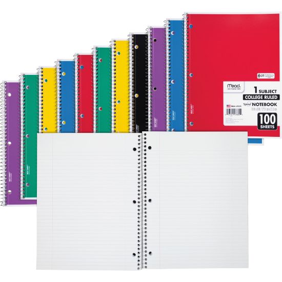 Picture of Mead Spiral Notebooks, 1 Subject, College Ruled, 100 Sheets, Assorted, Pack Of 12