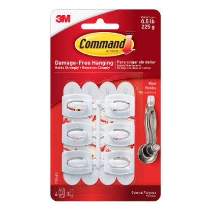 Picture of Command Mini Wall Hooks, 6 Command Hooks, 8 Command Strips, Damage Free Hanging of Dorm Room Decorations, White