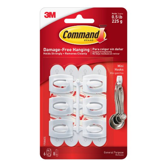 Picture of Command Mini Wall Hooks, 6 Command Hooks, 8 Command Strips, Damage Free Hanging of Dorm Room Decorations, White