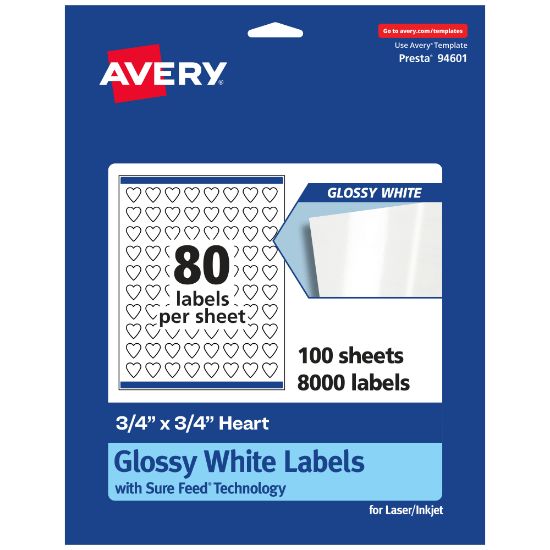 Picture of Avery Glossy Permanent Labels With Sure Feed, 94601-WGP100, Heart, 3/4in x 3/4in, White, Pack Of 8,000