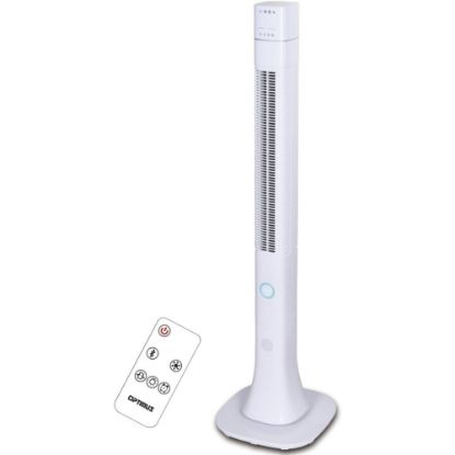 Picture of Optimus 48in Pedestal Tower Fan with Remote & LED, Bluetooth, White - 3 Speed - Timer, Quiet Operation, Bluetooth, Space Saving, Air Circulation, 75 deg. Oscillation, Night Light, LED Indicator, Remote, Temperature Display, Built-in Speaker, .. - White