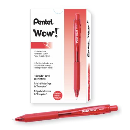 Picture of Pentel WOW! Retractable Ballpoint Pens, Medium Point, 1.0 mm, Transparent Red Barrels, Red Ink, Pack Of 12